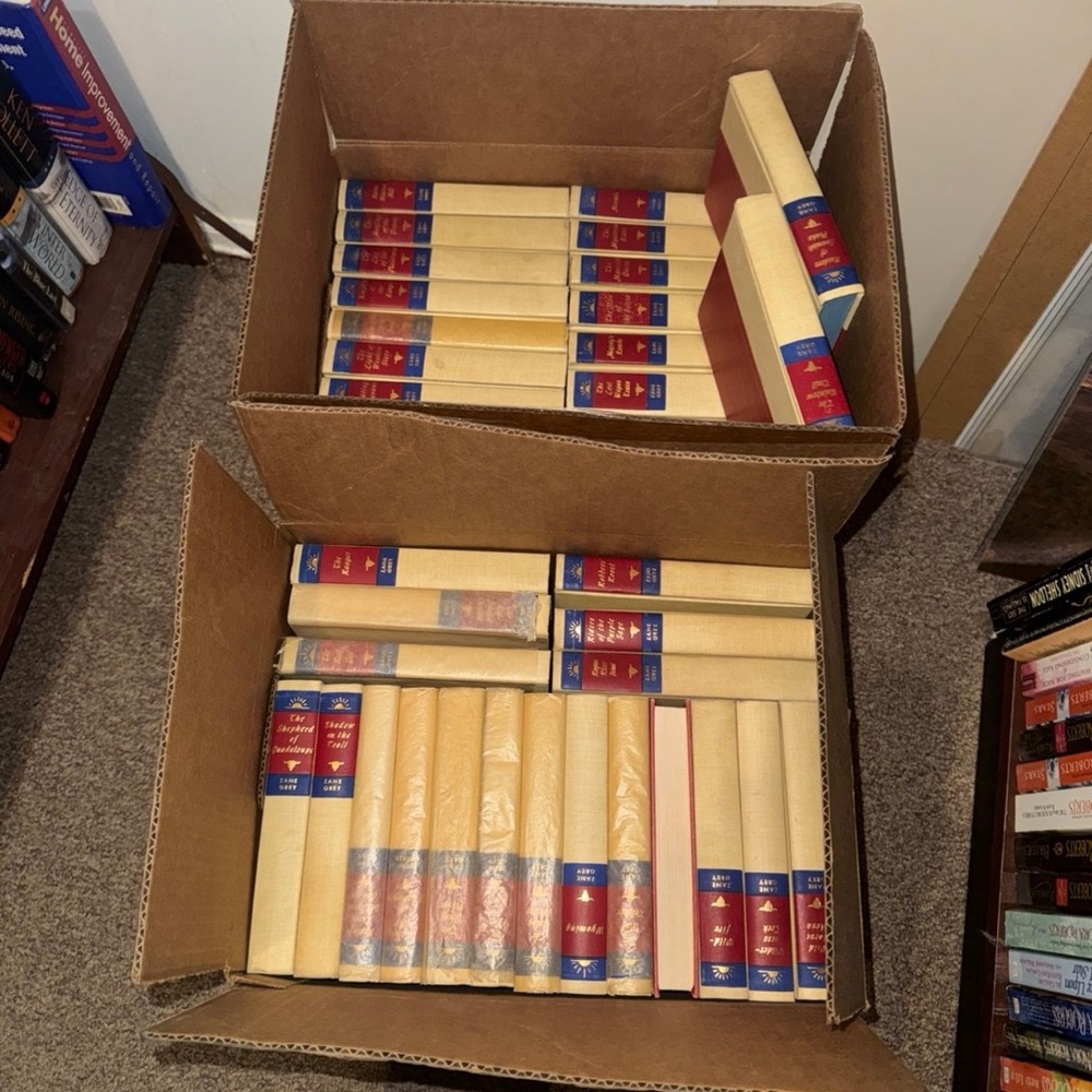 Vintage Book Collection with Red and Blue Spines